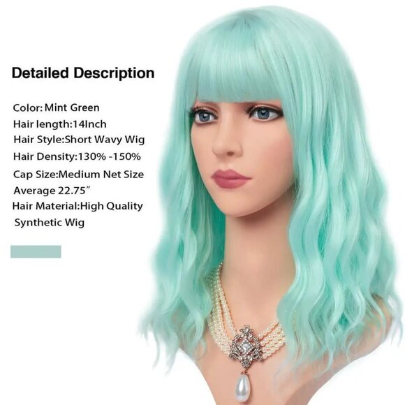 Mint Green Short Hair Wig with Bang - Picture 3 of 4